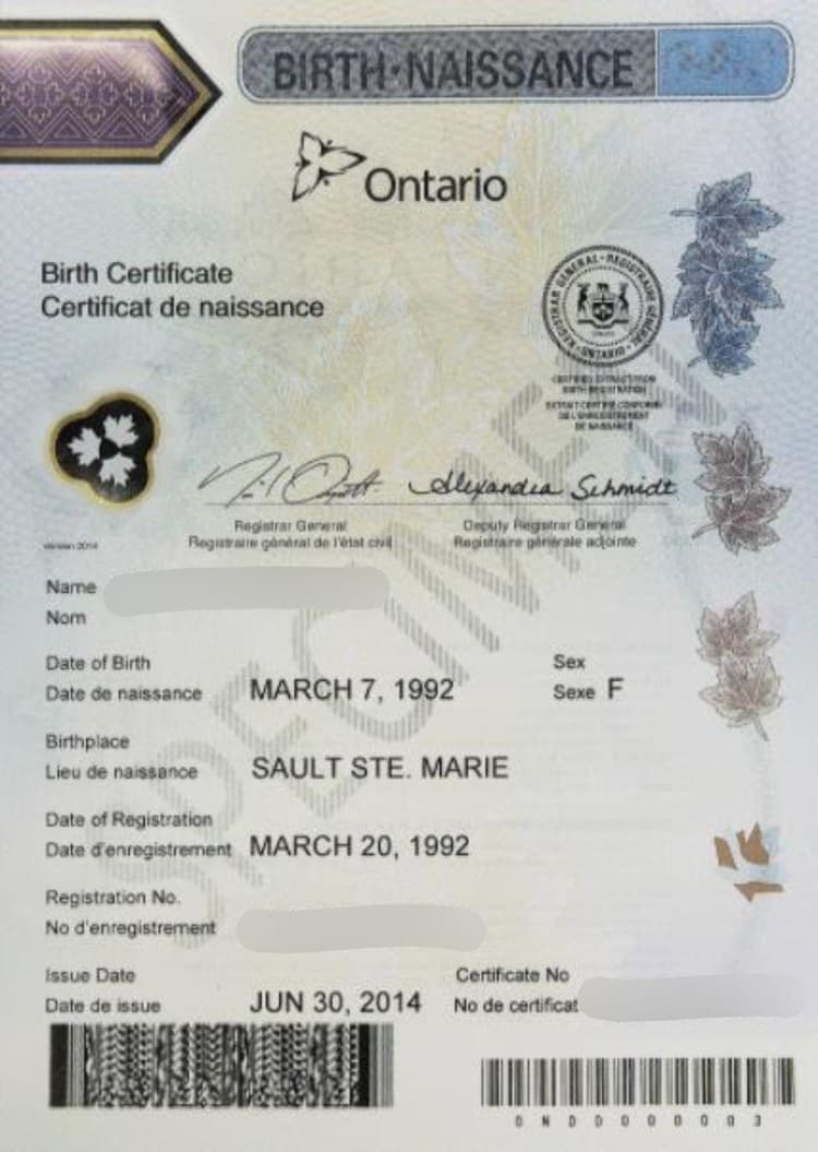 Sample Ontario birth certificate showing updated name and gender marker