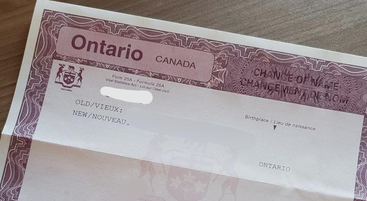 Sample Ontario change of name certificate showing old and new names